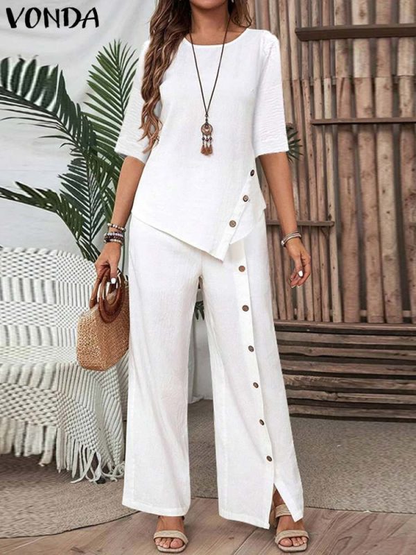 VONDA Fashion Women Pants Sets 2024 Elegant Suits Casual Irregular Hem Button Up Half Sleeve Shirt