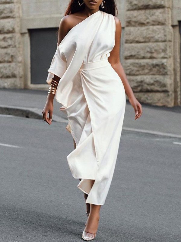 StyleWe Women Urban Maxi Dress Mid Waist Bodycon One Shoulder Raglan Sleeves Summer For Daily