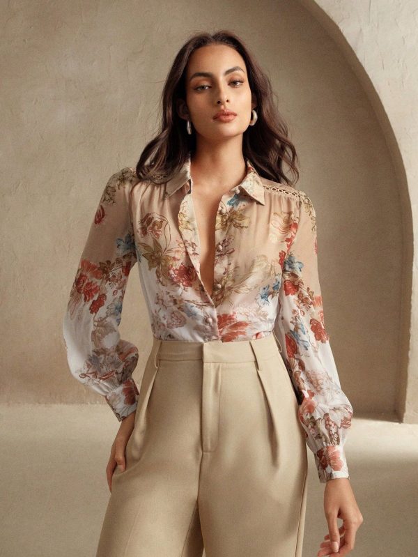 Women's New Placement Print Elegant Resort Shirt, For Spring, Festival, Holiday, Vacation