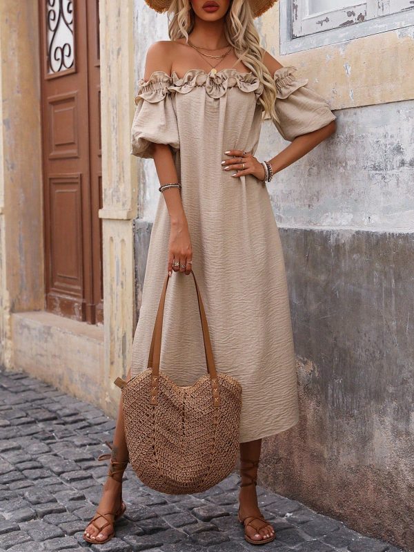 Stay Fashionable in the Sun with Off-Shoulder Ruffle Trim Slit Dress - Khaki / S