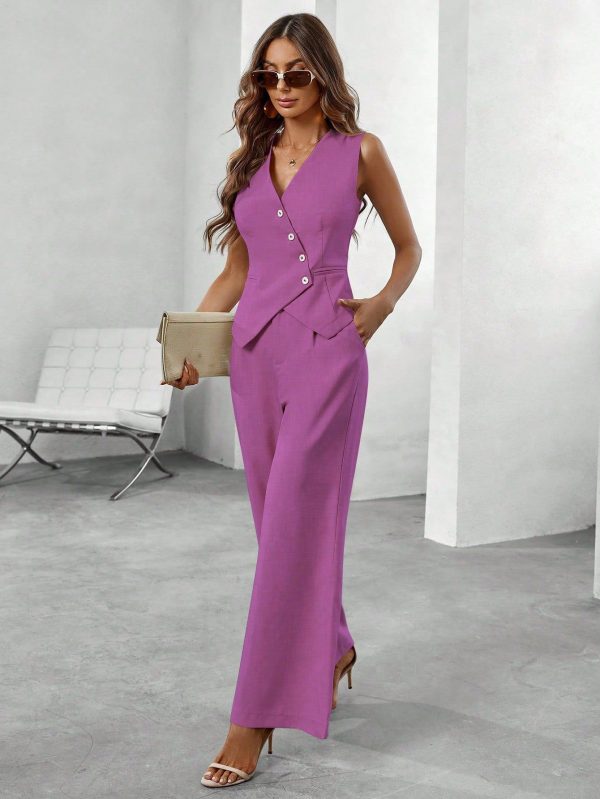 Women's Casual Business Solid Color Vest & Pants Suit