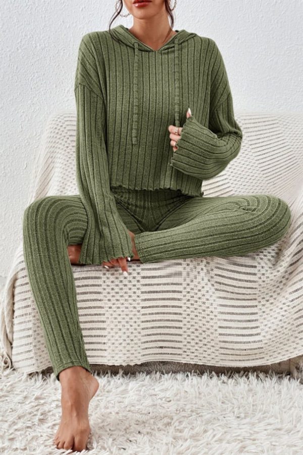 Hazel Blues® |  Lettuce Hem Dropped Shoulder Hooded Top and Pants Set - Army Green / XL