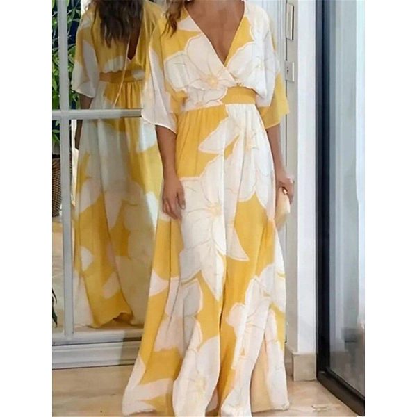 Women's Formal Dress Floral Print V Neck Long Dress Maxi Dress Formal Wedding Party 3/4 Length Sleeve Summer