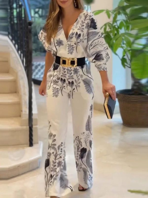 LBSFY  -   V Neck Patchwork Sleeve Chic Jumpsuits Summer Women High Waist Slim Rompers Female Street Wear Long Pants No Belt 2024 - Print (No Belt) / M