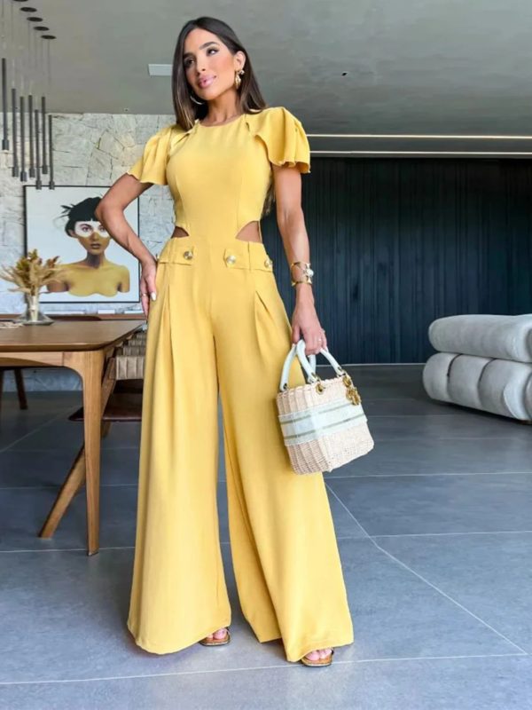 Zingj New Summer Solid Women Jumpsuit Sleeveless O-neck Naked Waist Wide Leg Long Pant Bodysuit Fashion Fit Casual Streetwear PI23335Y1-XL