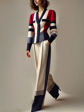 Women Color Block Spring/Fall Urban Polyester Natural Regular Fit Elastic Waist Long H-Line Pants