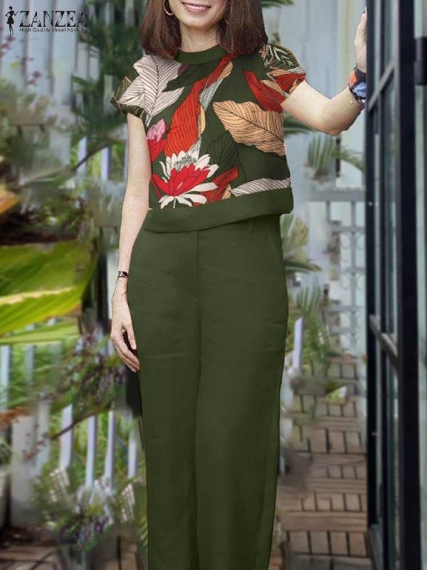 ZANZEA 2PCS Summer Women Trousers Suits Vintage Floral Printed Matching Sets Fashion Short Sleeve