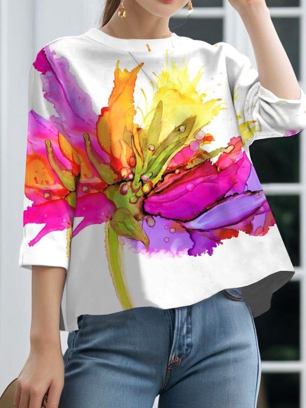 Women Casual Floral Spring/Fall Daily Loose Jersey Three Quarter Sleeve H-Line Regular Shirts