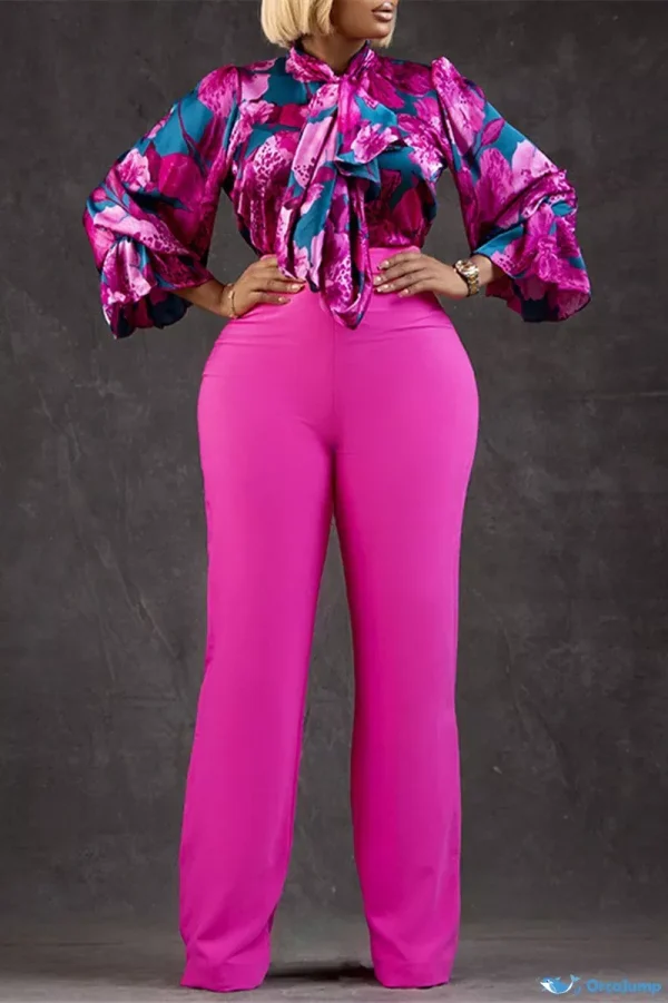 OrcaJump - Womens Rose Red Casual Print Patchwork O-Neck Long Sleeve Two-Piece Set
