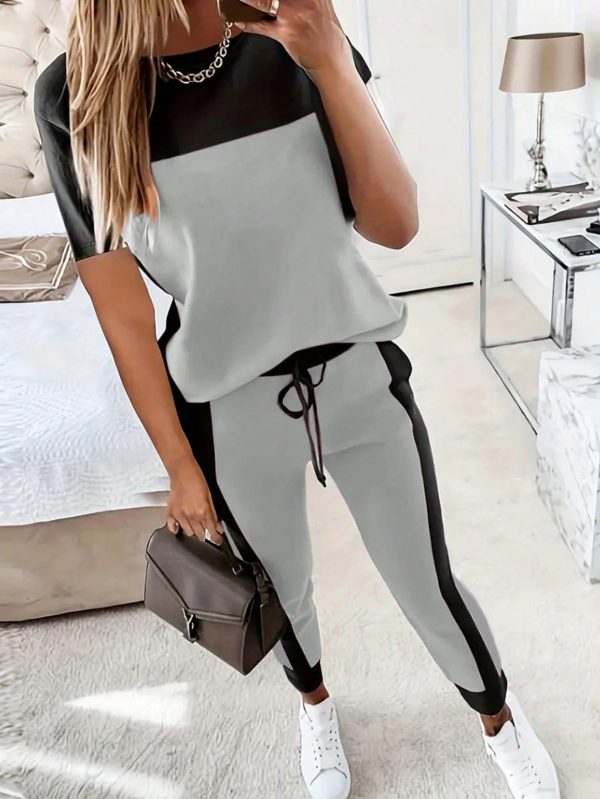2pcs/Set Casual Color Block Short Sleeve Round Neck T-Shirt And Joggers Pants