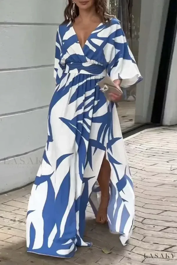 Lasaky - Vacation Ready A Line Maxi Dress with Floral Pattern and Ruching Details - Blue, M