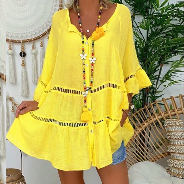 Women's Shirt Linen-Inspired Shirts Blouse Plain Fashion V Neck Street Daily Cut Out Long White Yellow Red Brown Summer