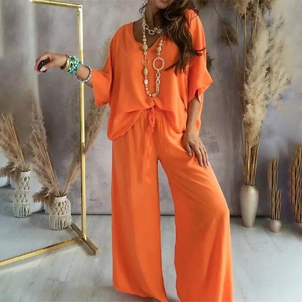 Women's Fashion Streetwear Linen-Inspired Sets T Shirt Linen Pants Pants Trousers Half Sleeve V Neck Solid Color Daily Wear Date White Pink Orange Summer Regular Fit