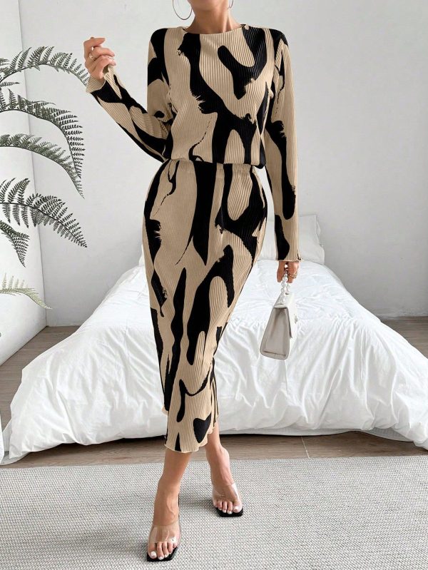 Women's Fashion Commuter Colorblock Print Long Sleeve Top & Skirt 2 Pieces Set