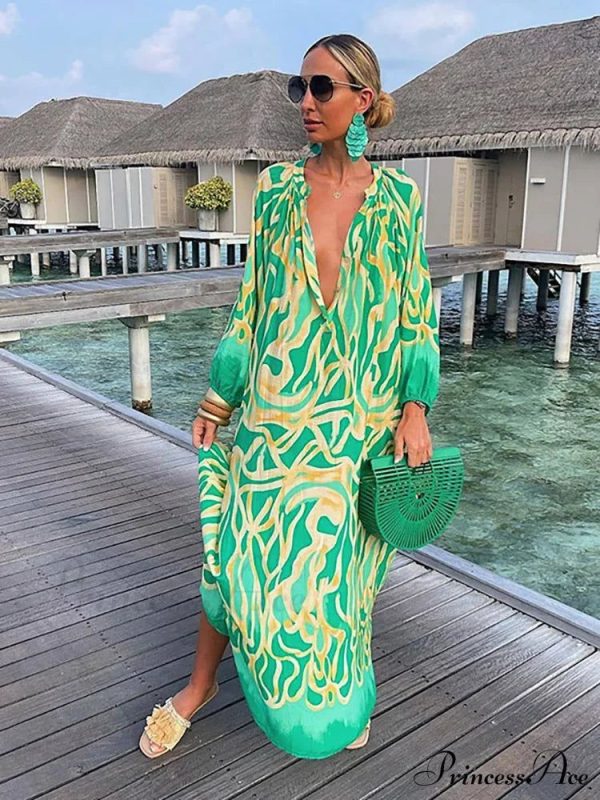 Boho Print Long Sleeve Maxi Dress - Yellow XL