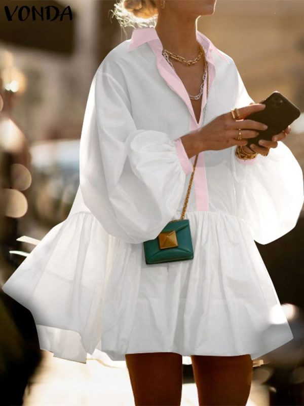 2024 Eleagnt A-Line Robe VONDA Casual Ruffled Shirt Dress Women Long Sleeve Mini Sundress Turn Down