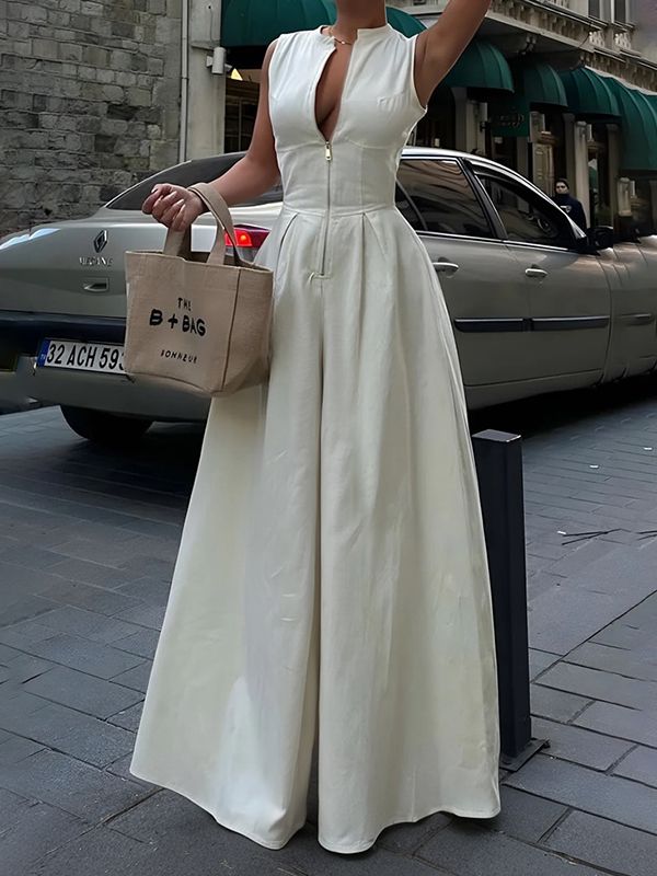 High Waisted Loose Pockets Solid Color Zipper V-Neck Jumpsuits WHITE-M