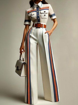 Women Urban Blouses Regular Sleeve Shirt Collar Regular Fit Short Sleeve Striped Summer for Daily
