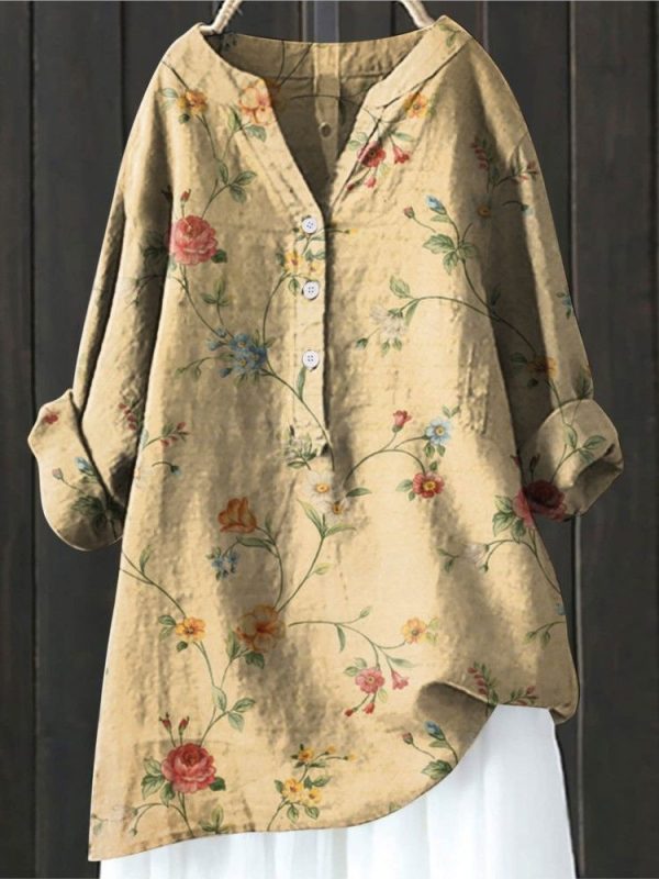 2024 Women's Autumn Winter New Fashion Printed Button Up Shirt Long Sleeved Bamboo Linen Casual