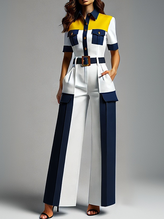 Women Color Block Spring/Fall Urban Belt Natural Commuting Elastic Waist Straight pants Pocket Stitching Pants