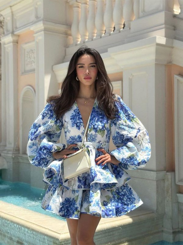 Zingj Women Elegant Floral Print V-neck Ruffle Mini Dress Summer Sexy Long Puff Sleeved High Waist Vestidos Female Beach Vacation Robe Blue-M