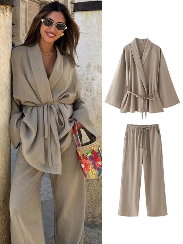 TFMLN Simple Lace Up Pajama Style Pants Sets For Women 2 Pieces New Fashion Shirts Top Women's Suit