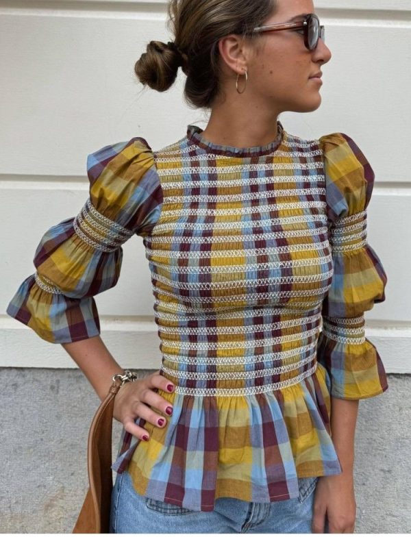 Women's Tops Vintage Plaids Elastic Pleated T Shirt Casual O Neck Long Sleeves Ruffles Hem Top