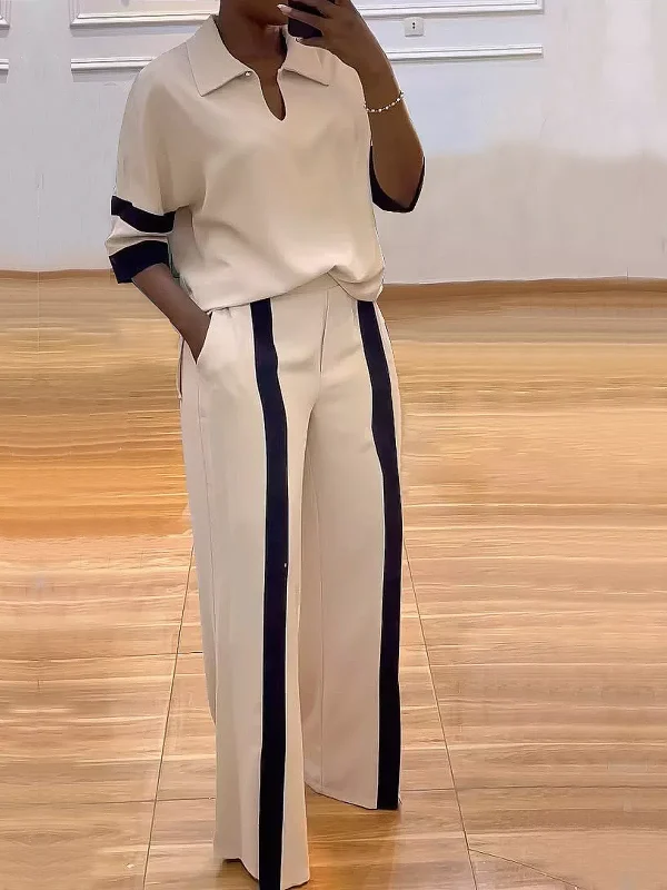 Color Block Summer Urban Polyester Lightweight No Elasticity Loose 3/4 Sleeve Shirt Collar Shirts for Women