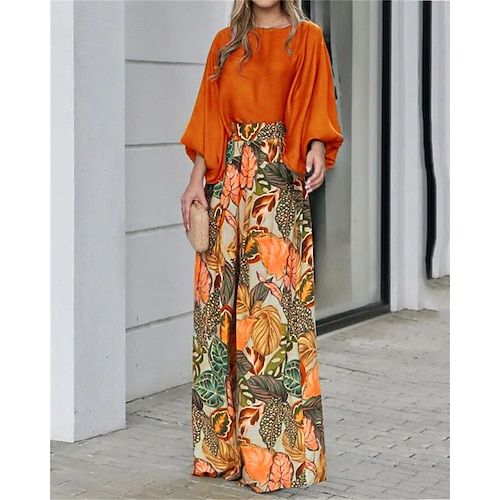 Women's Fashion Shirt Pants Sets Wide Leg Pants Trousers Long Sleeve Puff Sleeve Round Neck Floral Print Casual Daily Blue Orange Green Spring   Fall Regular Fit