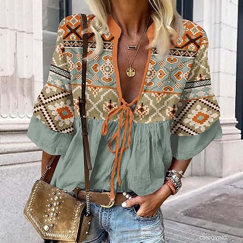 Women's Shirt Lace Shirt Blouse Ethnic Lace up Print 3/4 Length Sleeve Regular Tops V Neck Casual Holiday Pink Blue Orange Green Spring   Fall