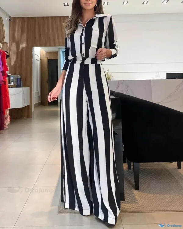 OrcaJump - Contemporary Striped Dress Shirt & Chic Wide Leg Pants Ensemble - black, S(4)
