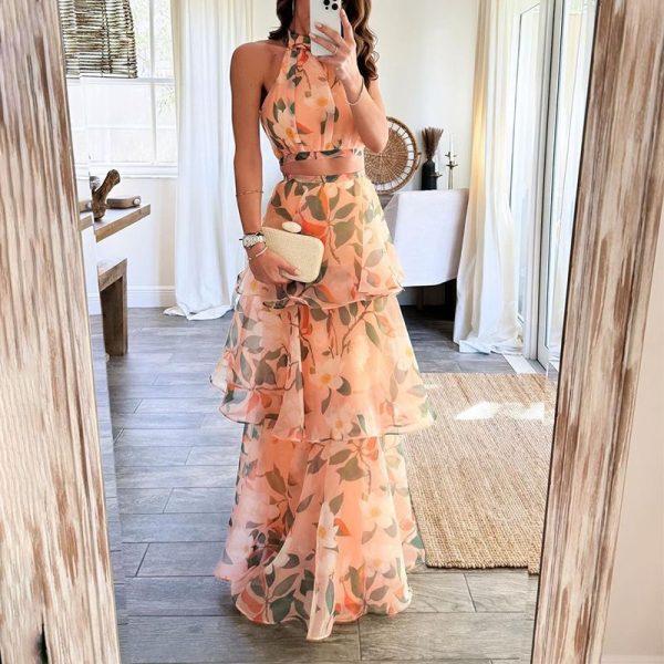 Zingj Zingj 2023 New Fashion Print Round Collar Sleeveless Waist Fluffy Cake Skirt Women's Wear-Outfit Ideas Coral-S