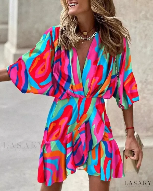 Lasaky - Statement Piece: Flowy Dress with Asymmetrical Sleeves - Colourful, XL