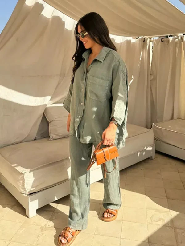 Zingj Casual Loose Wide Leg Pants Sets For Women Elegant Lapel Long Sleeves Buttons Shirt Suits 2024 Summer Lady Fashion Homewear Green-L