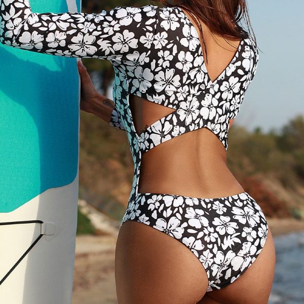 Long Sleeve Flower Print Backless One Piece Swimsuit