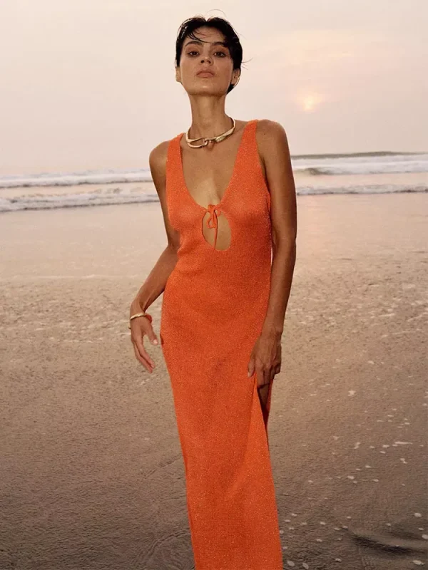 Sexy V Neck Cut Out Lace-up Bodycon Beach Maxi Dress 2025 Summer Knit Sleeveless Slit Swimwear Cover