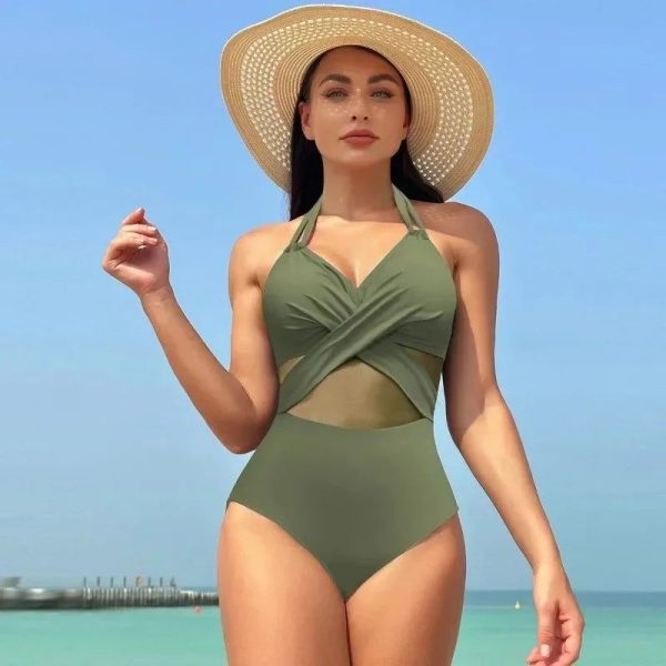 Solid Mesh V-neck One Piece Set - Dark blue L