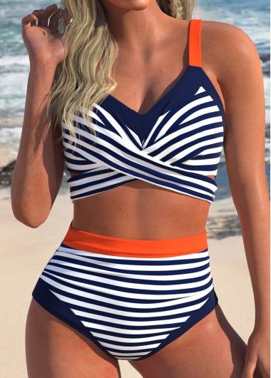 Surplice Striped Navy High Waisted Bikini Set