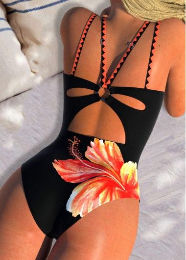 ROTITA Circular Ring Orange Floral Print One Piece Swimwear