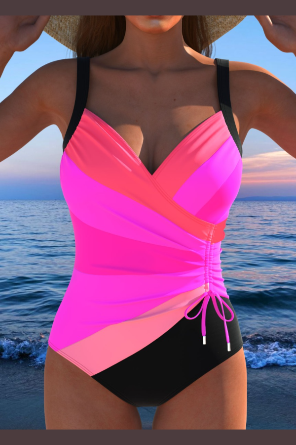 ROTITA Drawstring Hot Pink Multi Stripe Print One Piece Swimwear