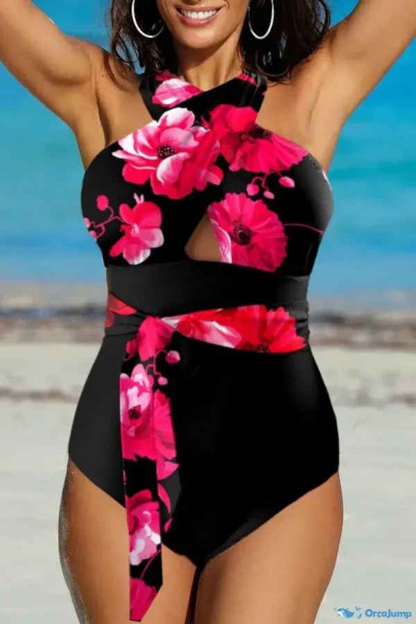 OrcaJump - Traje de baño sin espalda con estampado blanco y negro para mujer con relleno. - Negro Rojo, 2XL