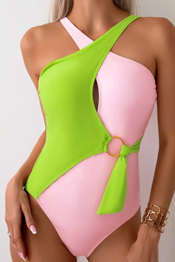 Light Green Colorblock Monokini Perfect For Summer Vacations Stylish One-piece Swimwear