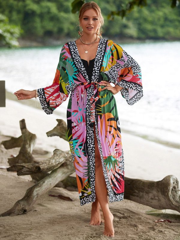 Tropical Print Belted Kimono Lounge Wear Dress Swimsuit Cover Up For Women Vacation Summer