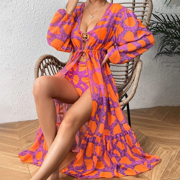Print One-Piece Swimsuit Cover Up - green2 / S
