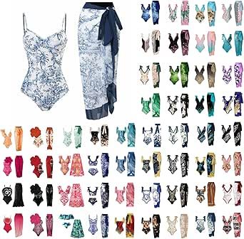 WKSCLPAI Women's Summer Swimsuit V Neck Floral Print Bikini Swimsuit with Cover Up Wrap 2 Piece Bathing Suits Beachwear