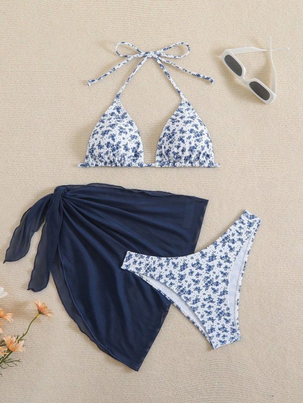 Women's Halter Neck Bra Bikini Set With Solid Color Cover-Up Skirt