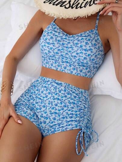 Swim Mod Summer Beach Ditsy Floral Drawstring Side Bikini Set