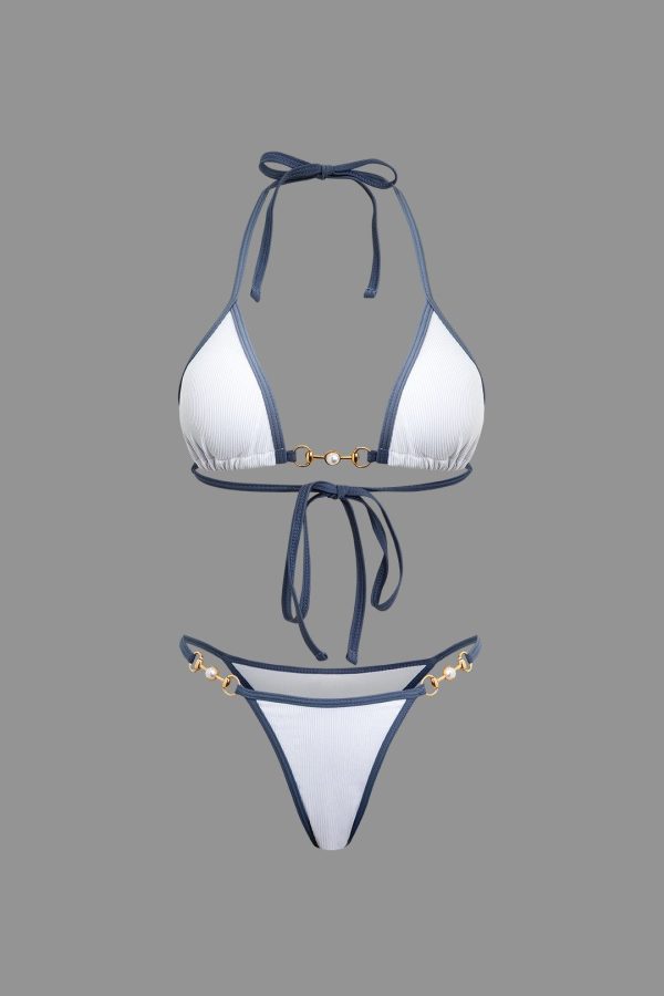 Zingj Vintage Pearl Detail Halter 2 Piece Bikini Set White-S