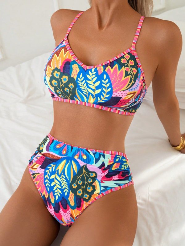 2pcs Beach Summer Outfits For Women, Random Print Camisole Top And High Waist Bikini Bottom Swimwear Set
