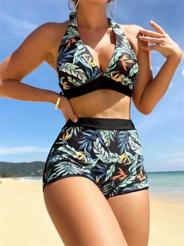 Leaf Print Halter Summer Sexy Two Piece Set - Green S